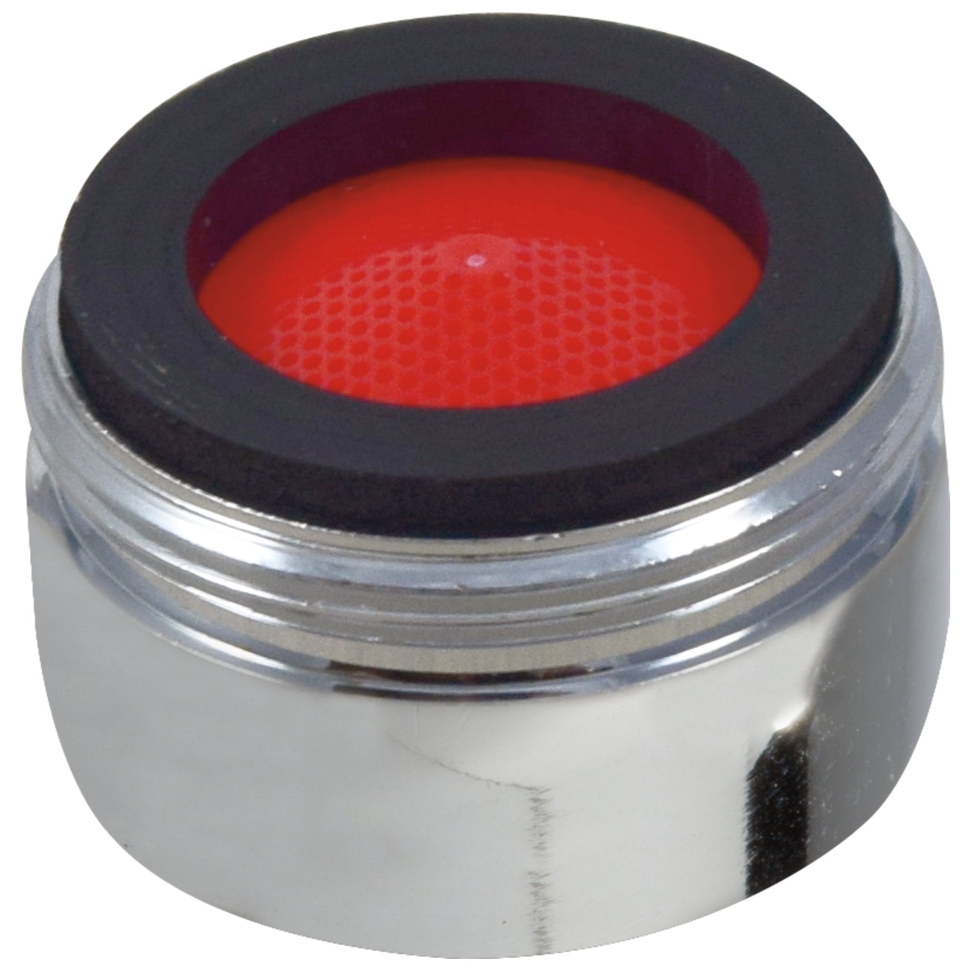 Chrome faucet aerator with black rubber ring and red mesh screen insert.