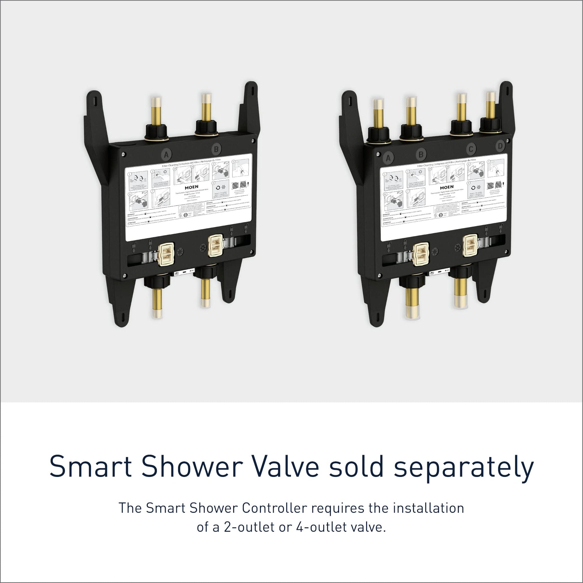Matte black digital shower controller with two outlet connections, brass fittings, and installation instructions label.