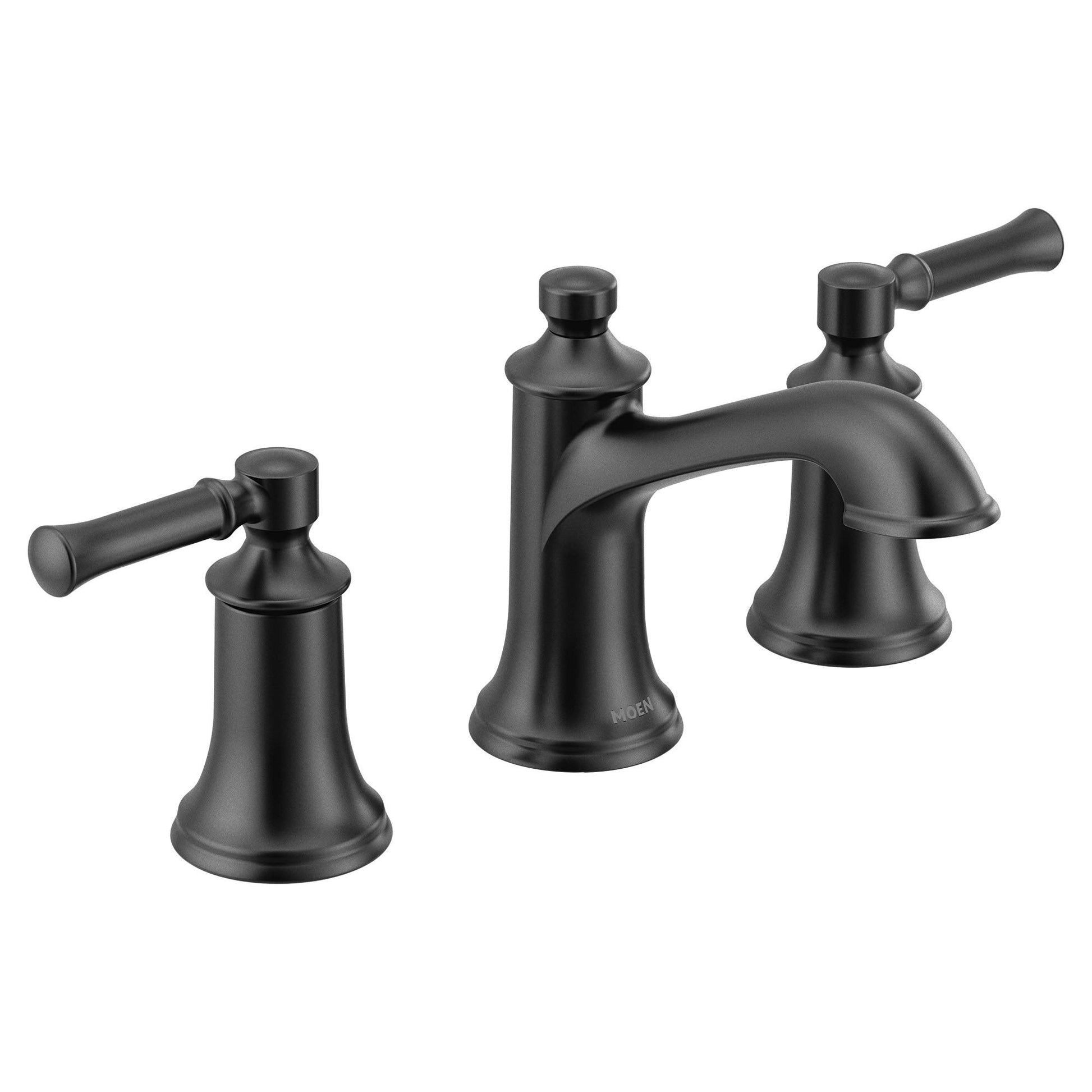 Matte black two-handle bathroom faucet with high arc spout and lever handles for widespread three-hole sink installation.