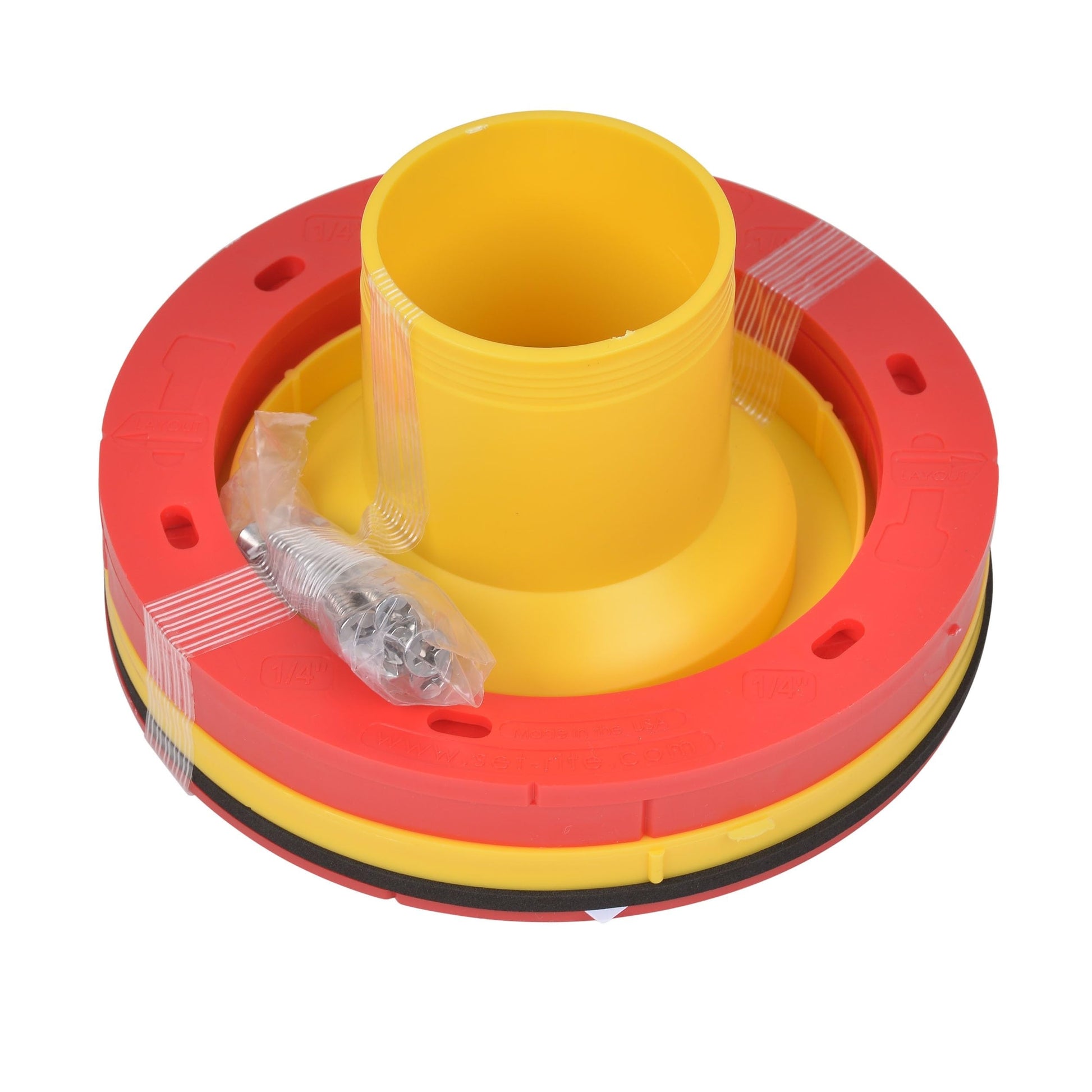 Yellow and red toilet flange extender with mounting hardware and rubber seal ring.
