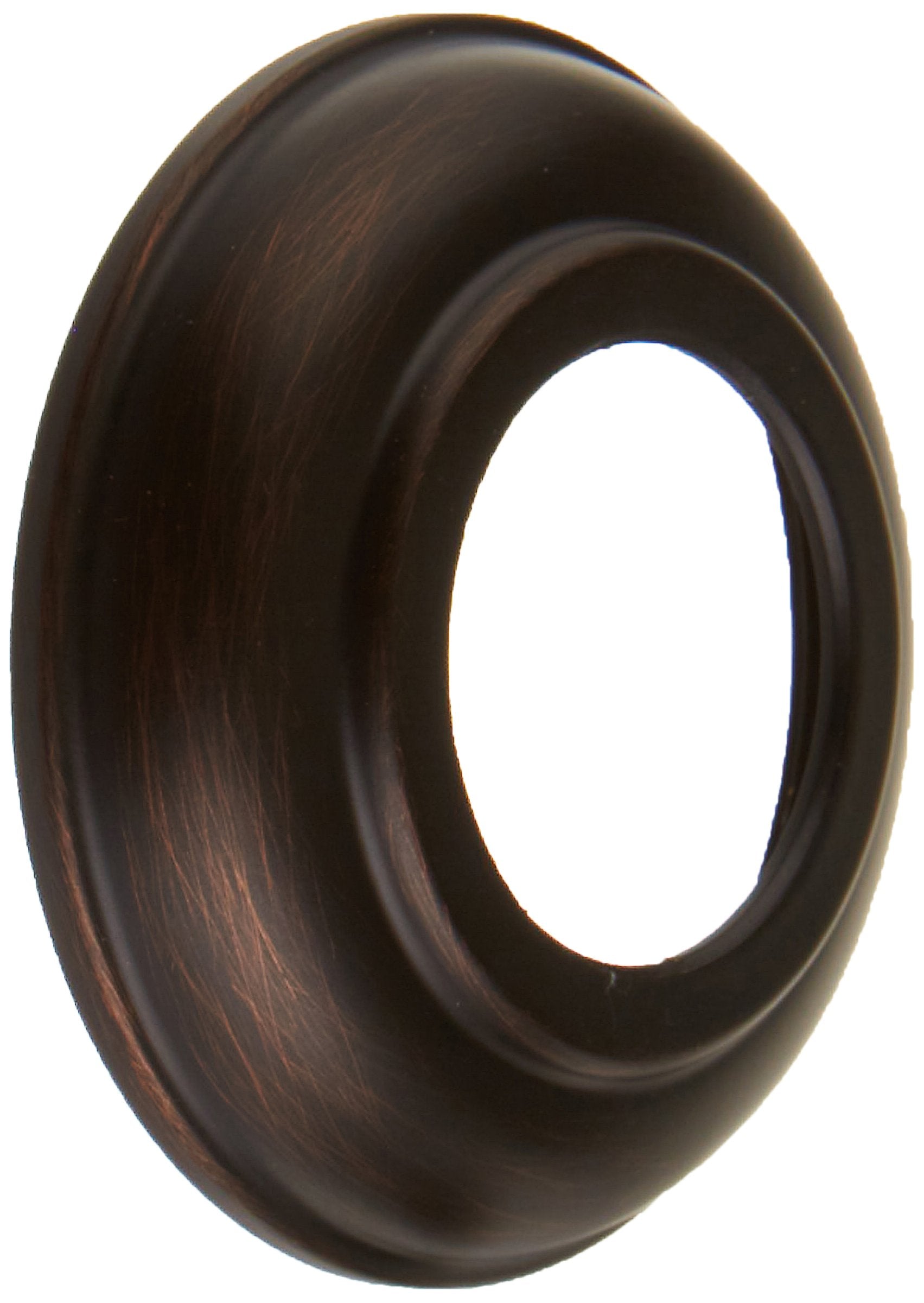 Oil-rubbed bronze oval escutcheon plate with recessed center opening for hand shower installation.