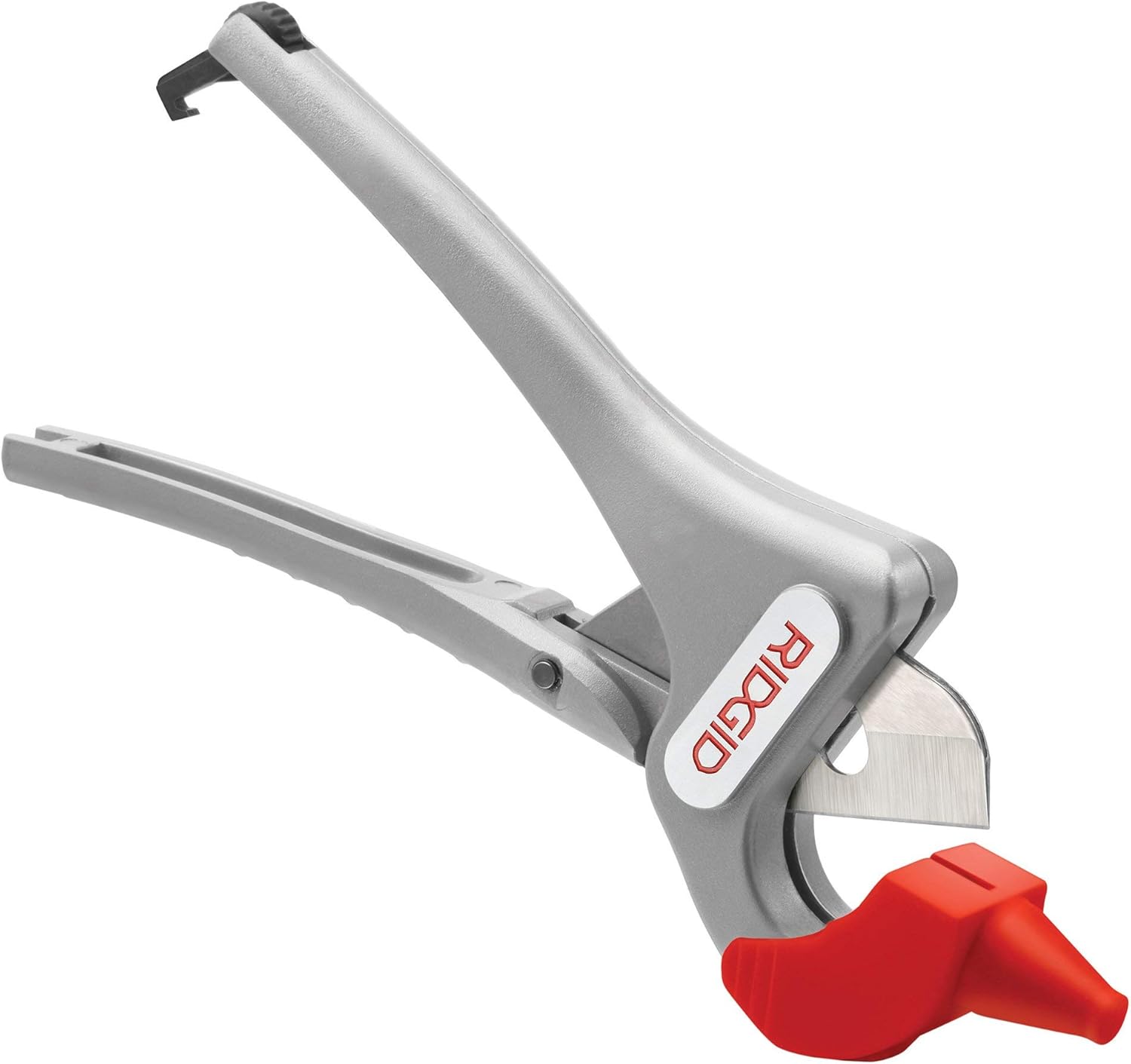 RIDGID PC-1375 ML plastic pipe cutter with gray handle, metal cutting blade, and red trigger lever.