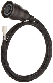 Venetian bronze pull-down kitchen faucet spray head with perforated showerface and braided hose connector.