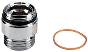 Chrome shower nipple with threaded connections and copper sealing ring.