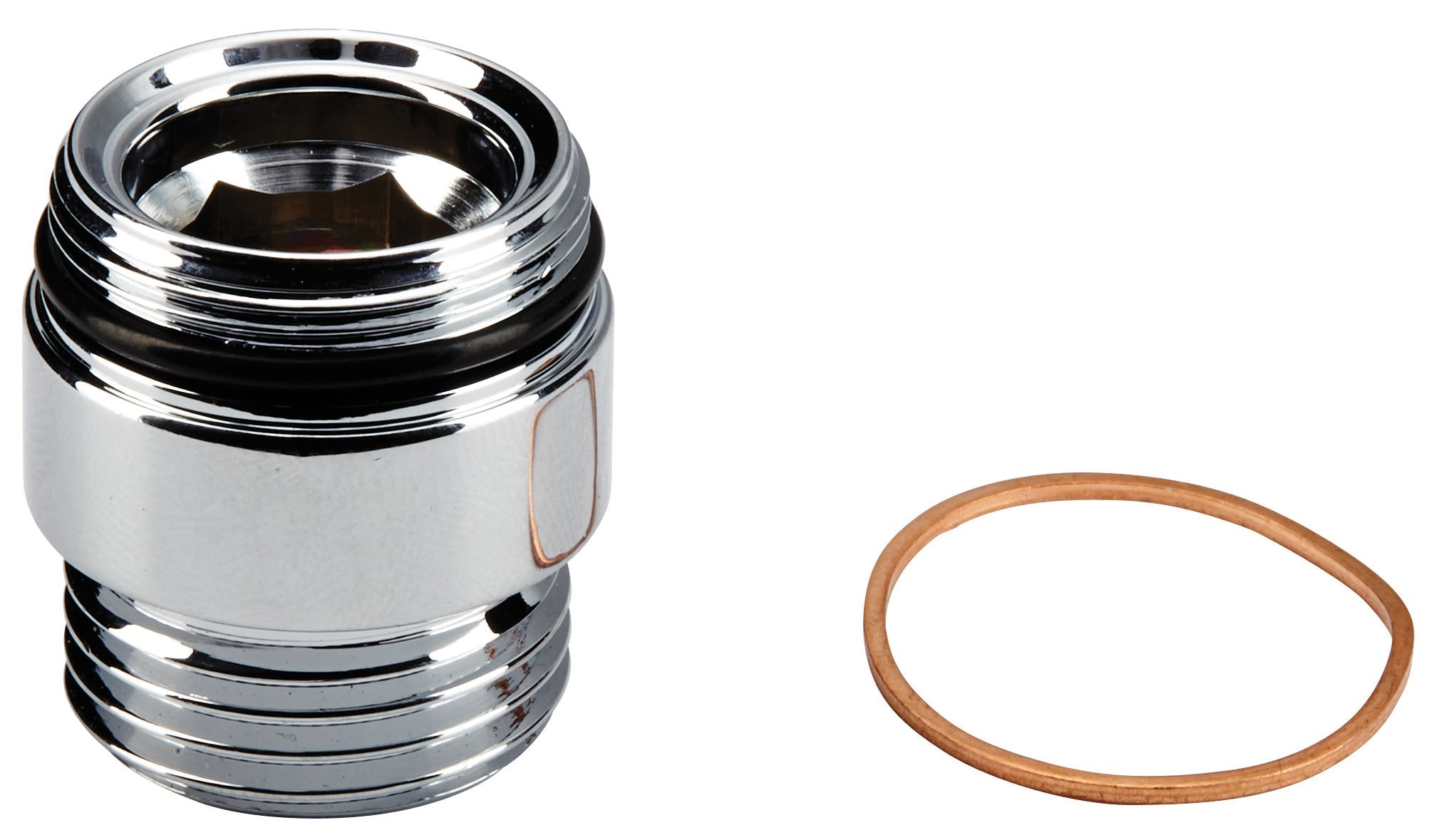 Chrome shower nipple with threaded connections and copper sealing ring.