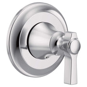 Chrome single-handle valve trim with circular escutcheon plate and lever handle.