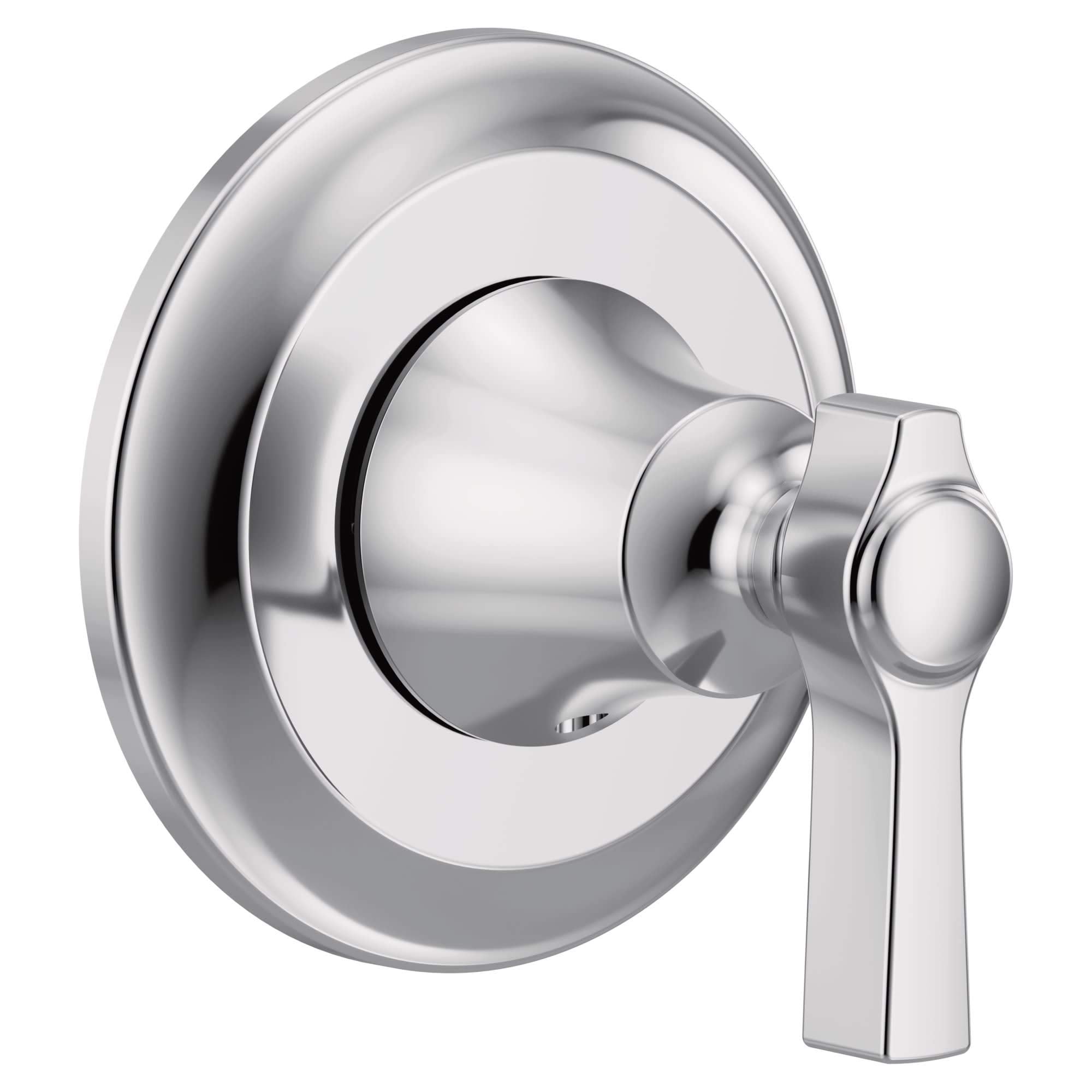 Chrome single-handle valve trim with circular escutcheon plate and lever handle.