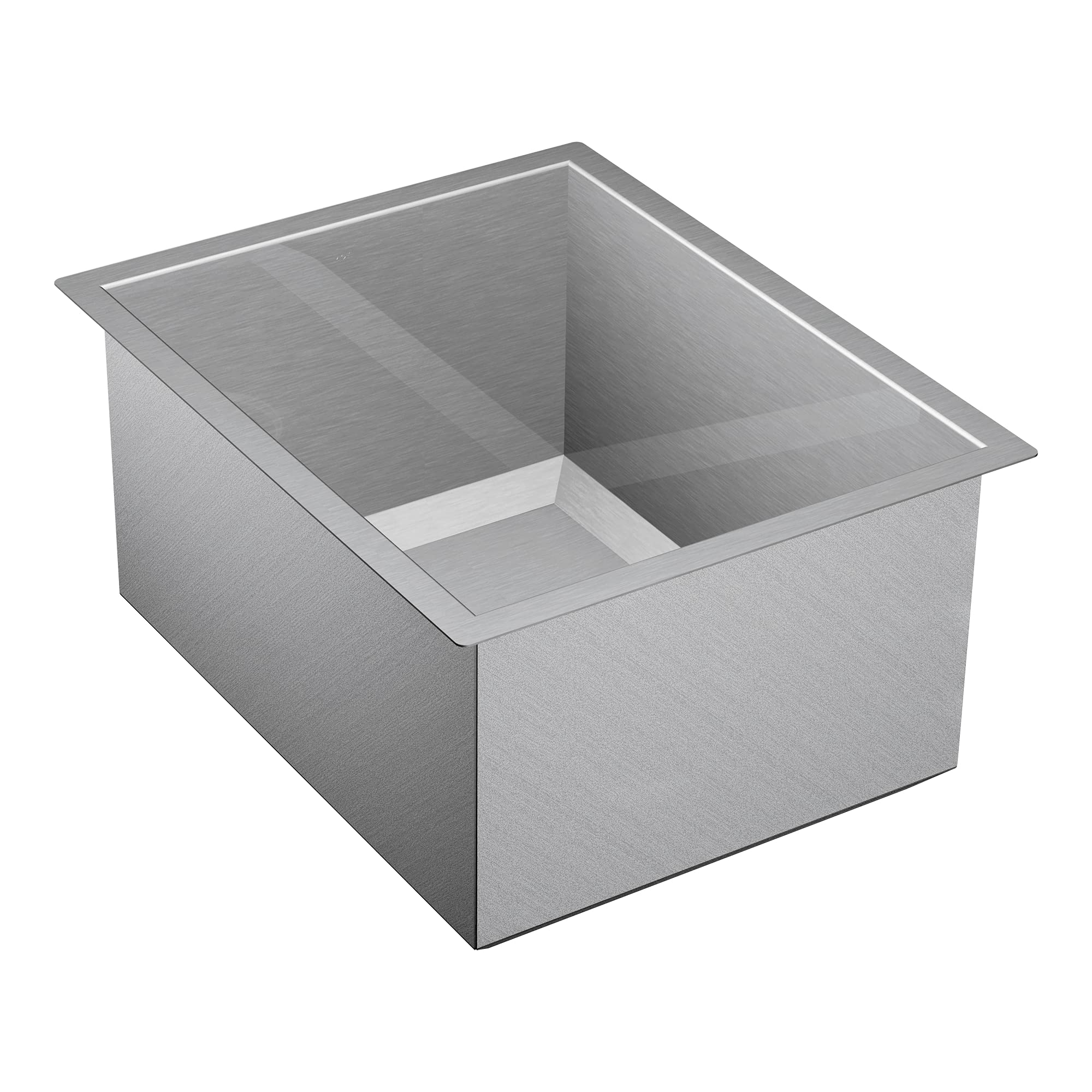 Stainless steel single bowl undermount sink with brushed finish and rectangular basin.