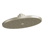 Brushed nickel overhead showerhead with wide oval face and multiple spray jets in concentric pattern.