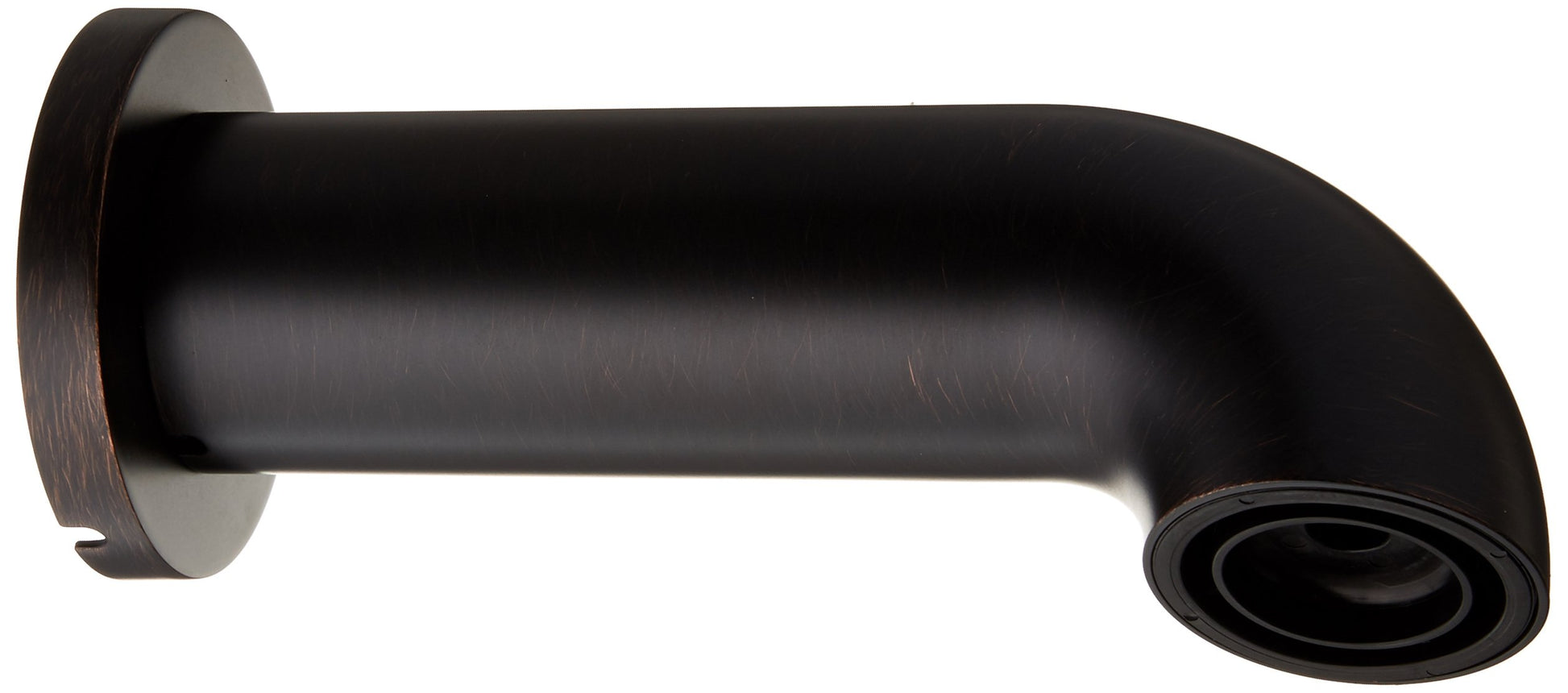 Dark bronze curved tub spout with round wall flange and angled discharge opening.