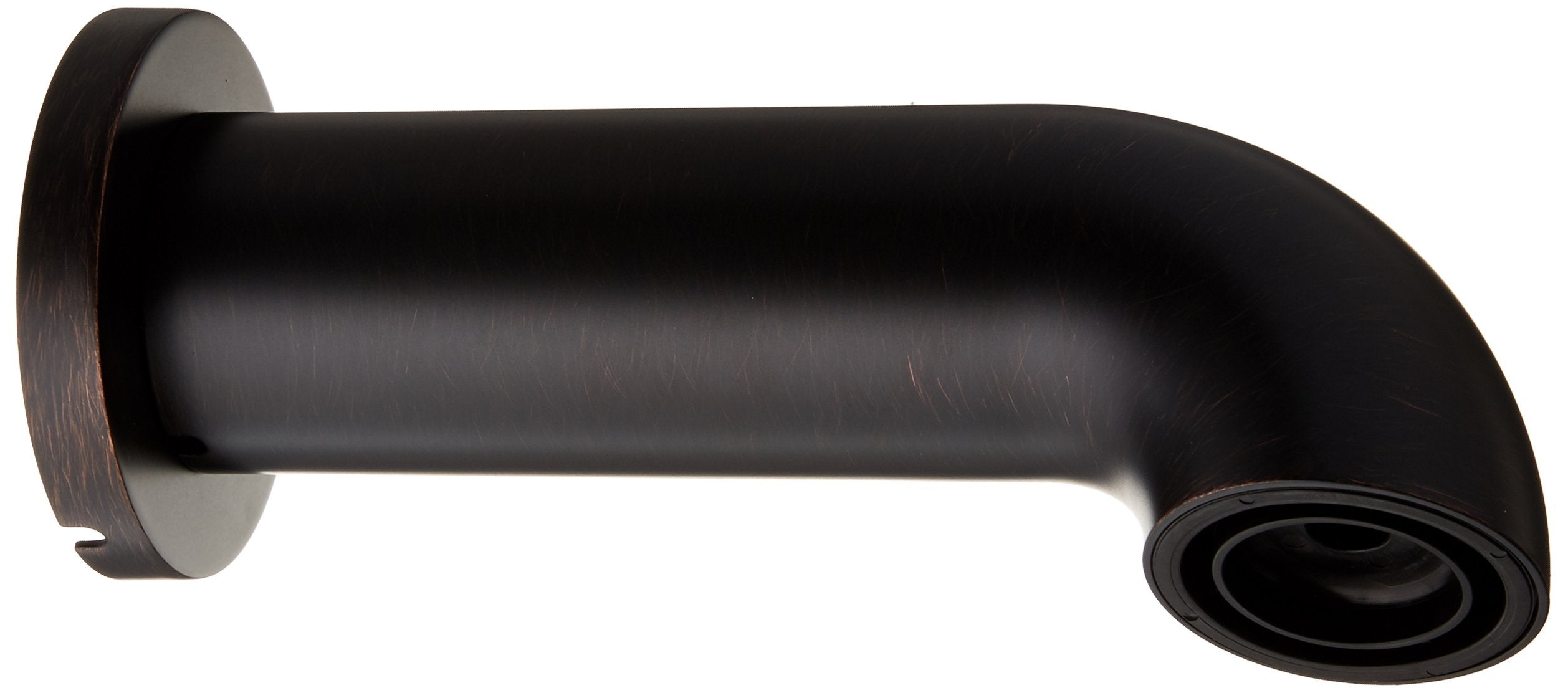 Dark bronze curved tub spout with round wall flange and angled discharge opening.