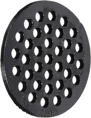 Black metal circular pipe support hanger with multiple evenly-spaced holes for fastening.
