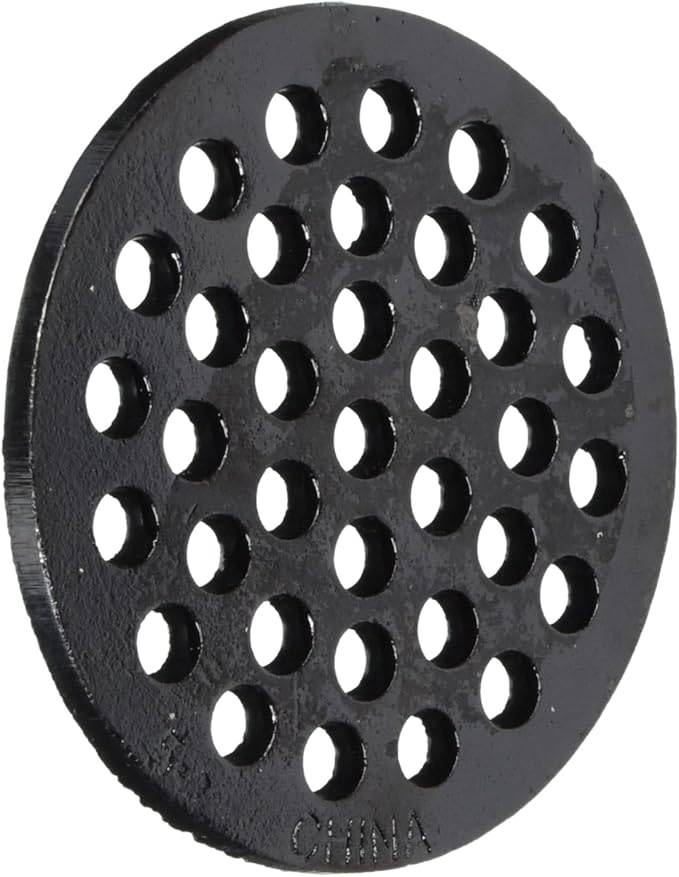 Black metal circular pipe support hanger with multiple evenly-spaced holes for fastening.
