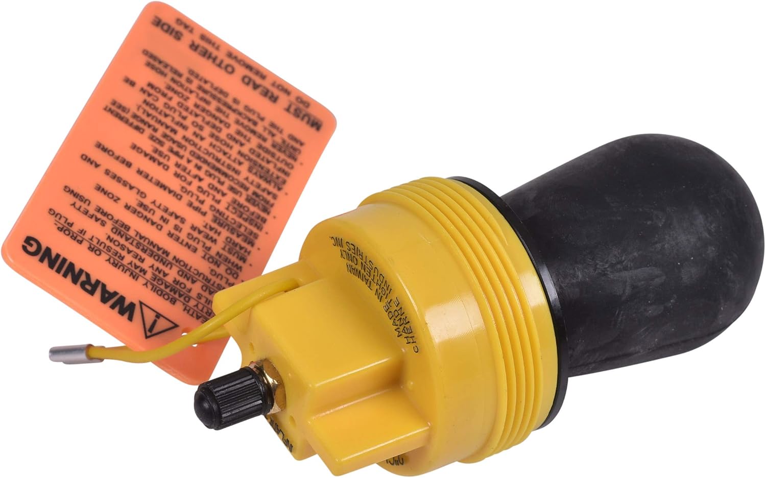 Yellow and black pneumatic plug with threaded connection, orange instruction tag, and gray air line attachment.