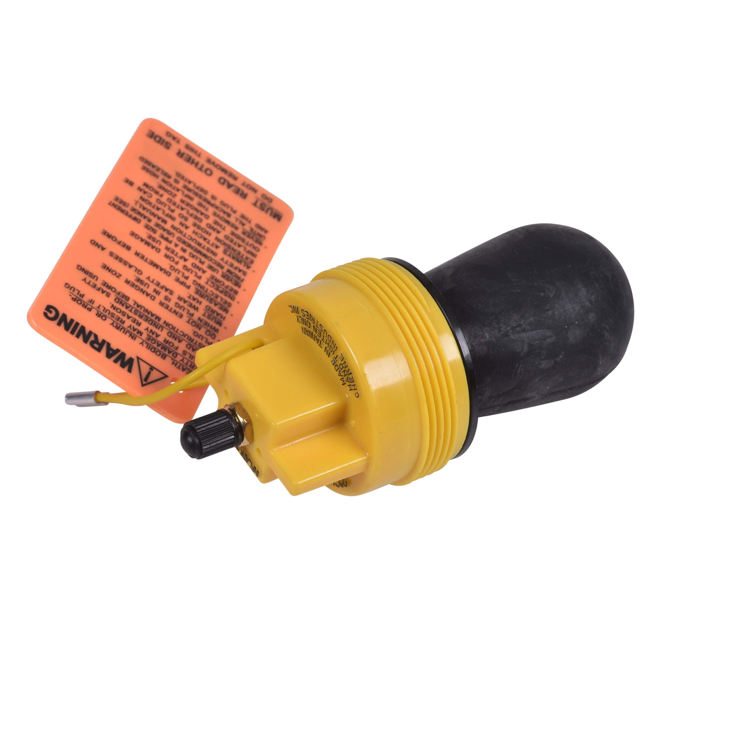Black rubber test plug with yellow threaded fitting and orange instruction tag attached.