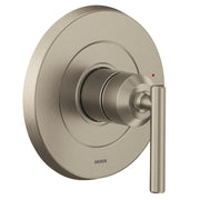 Brushed nickel single-handle shower valve trim with circular escutcheon plate and lever handle.