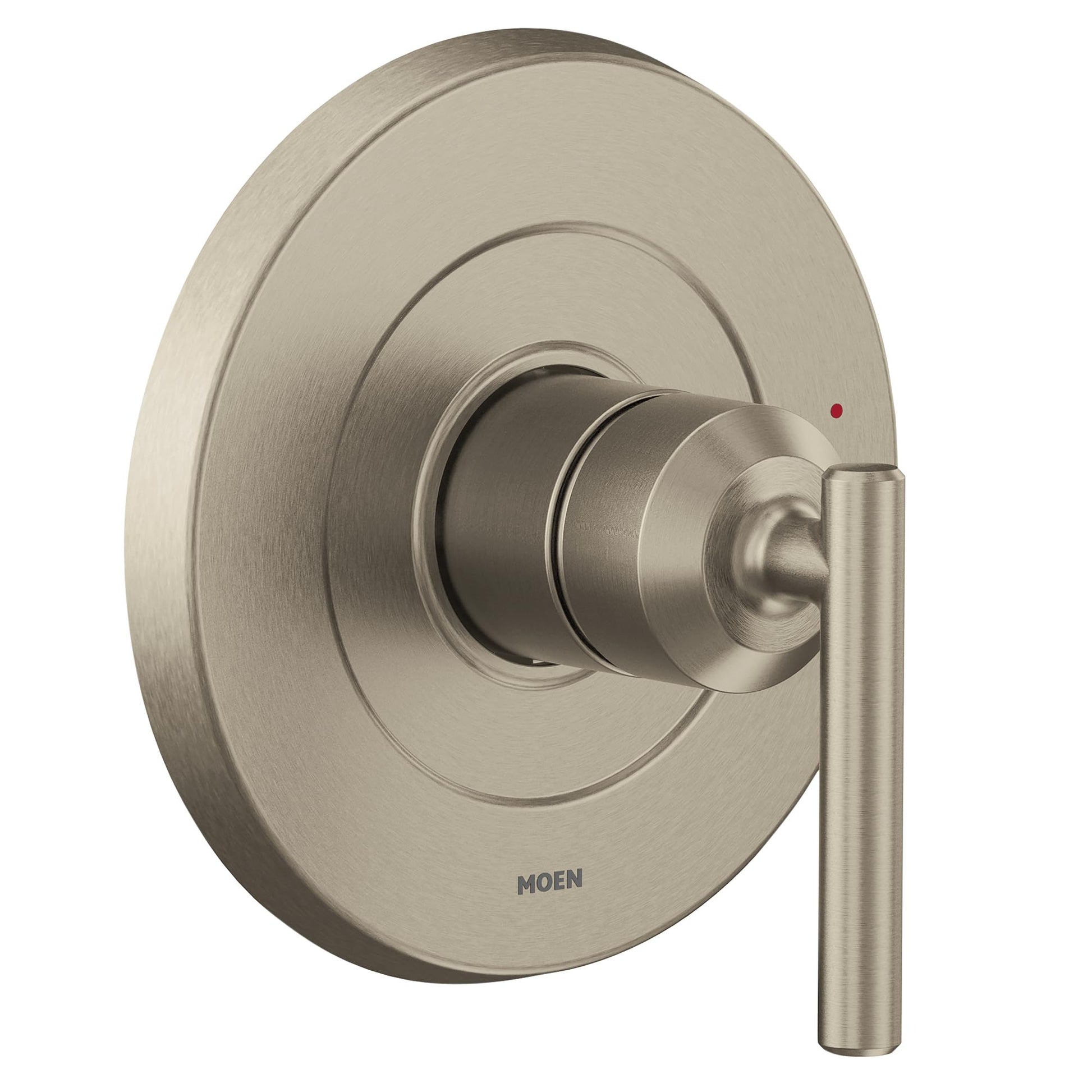 Brushed nickel single-handle shower valve trim with circular escutcheon plate and lever handle.