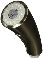 Brushed nickel pull-out spray head with white face plate and circular spray pattern openings.