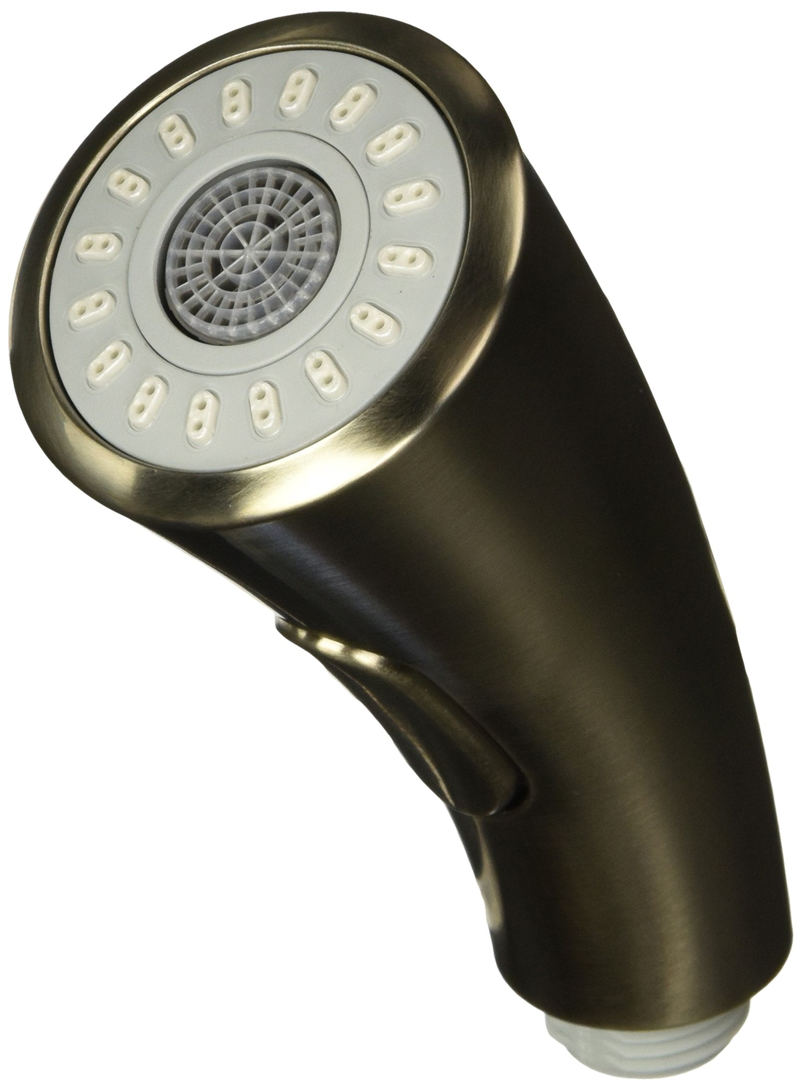 Brushed nickel pull-out spray head with white face plate and circular spray pattern openings.