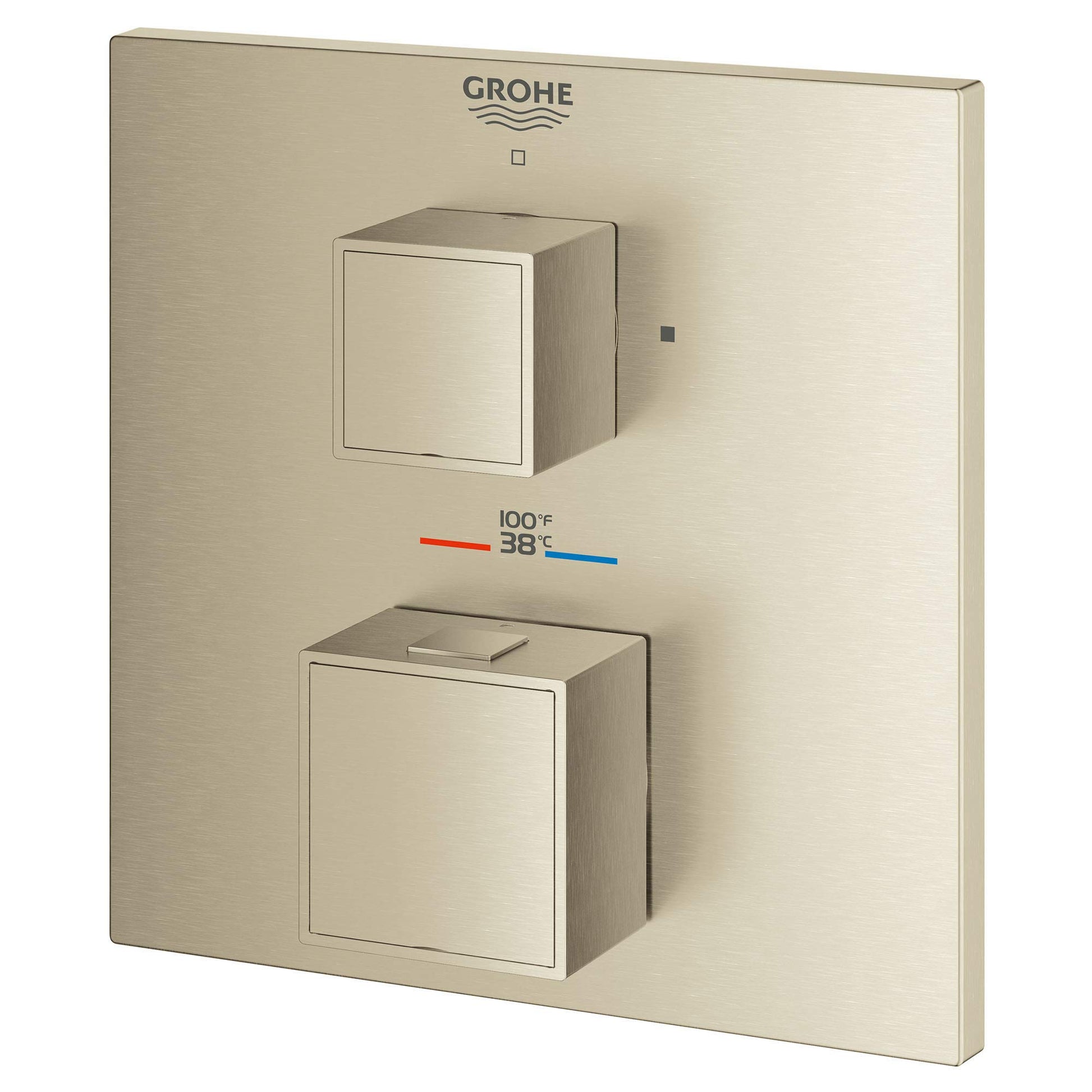 Grohe brushed nickel thermostatic valve trim with two square handles and temperature display showing 100°F and 38°C.