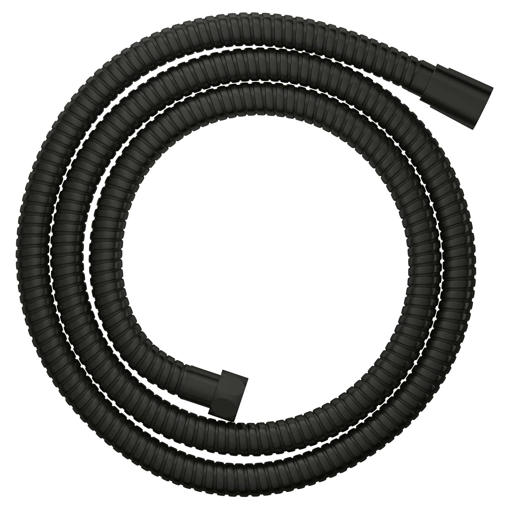 Matte black metal shower hose with ribbed texture coiled in a circle with connectors at each end.