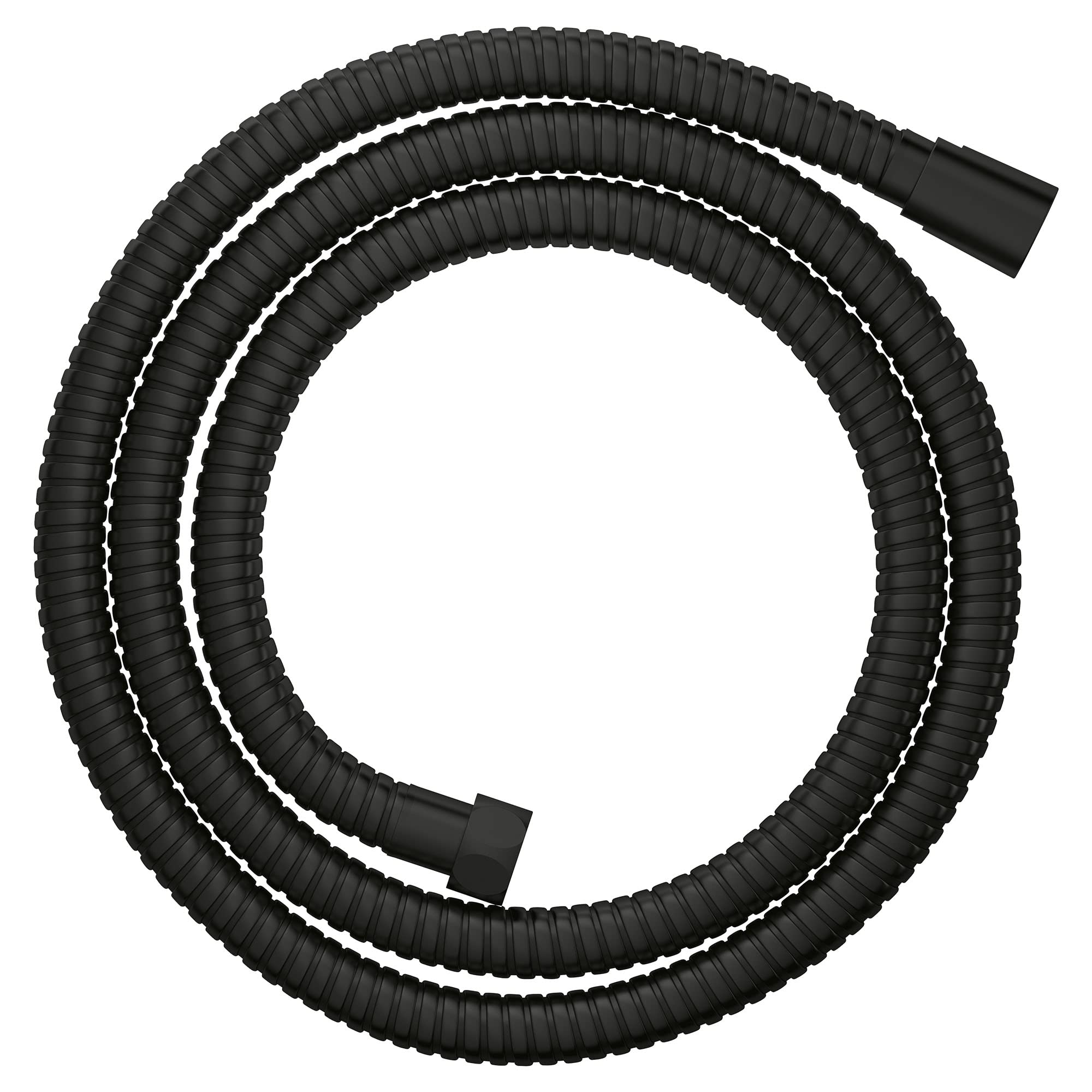 Matte black metal shower hose with ribbed texture coiled in a circle with connectors at each end.