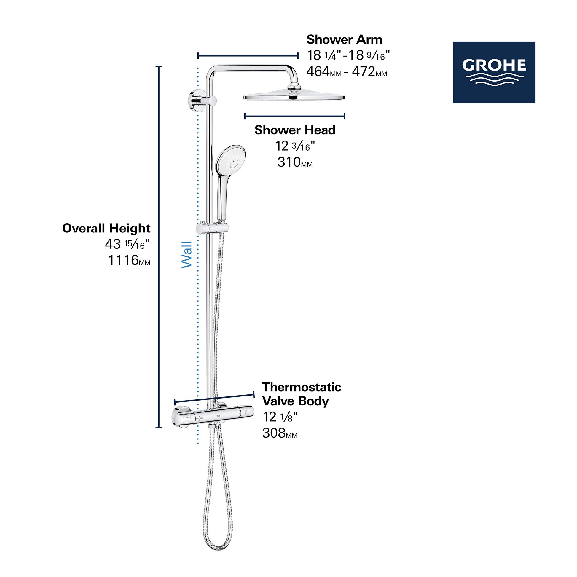 Grohe Euphoria thermostatic shower system with wall-mounted valve, overhead shower head, and hand shower in brushed nickel fi