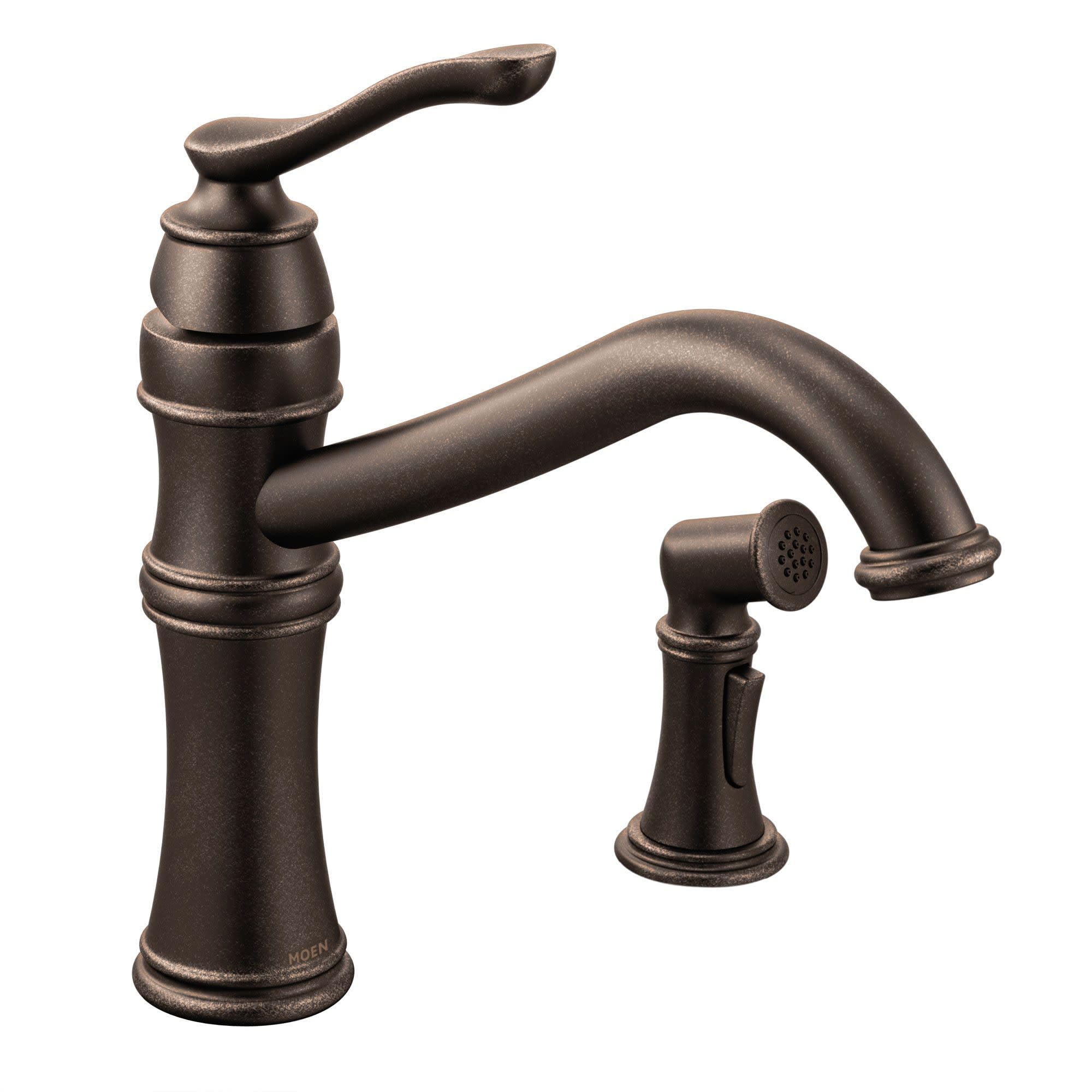 Oil rubbed bronze kitchen faucet with high arc spout, single handle, and separate side spray attachment.