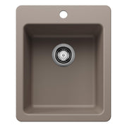 Truffle-colored composite bar sink with single basin and chrome drain strainer, top-mounted design with faucet hole.