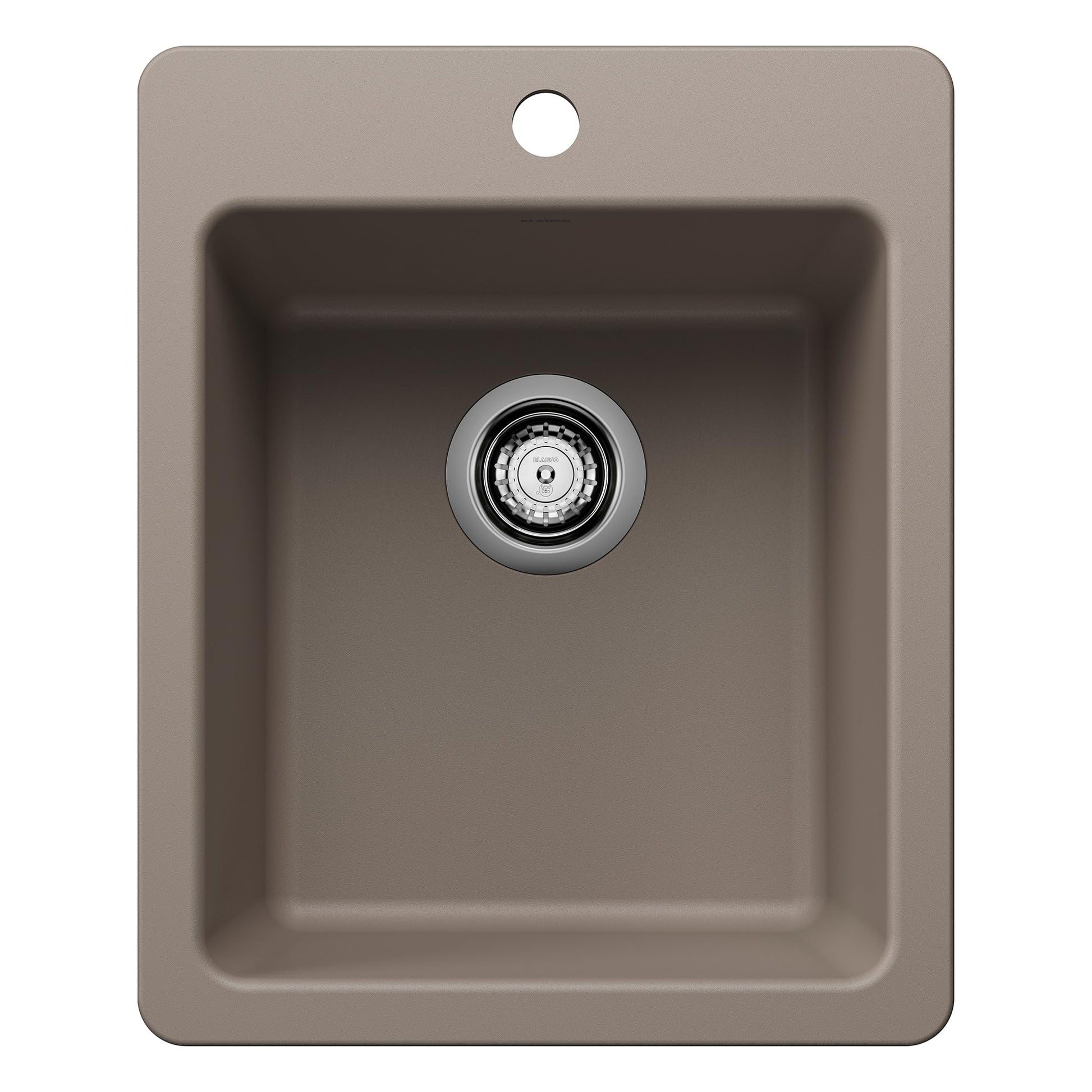 Truffle-colored composite bar sink with single basin and chrome drain strainer, top-mounted design with faucet hole.