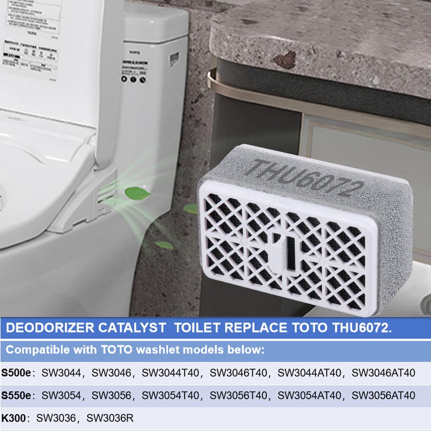 White and gray TOTO deodorizer filter assembly with activated carbon and latticed vent panel displayed next to washlet unit.