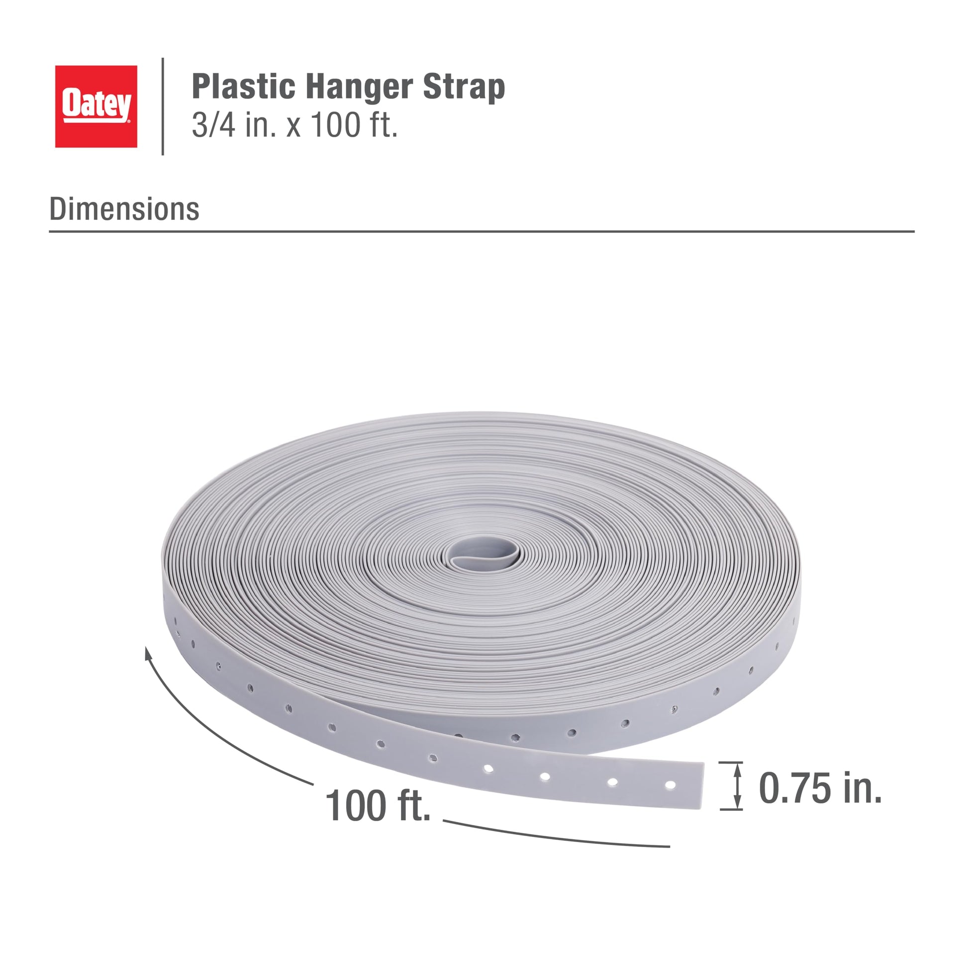 Gray plastic hanger strap coiled in a roll, 3/4 inch wide by 100 feet long with evenly spaced holes.