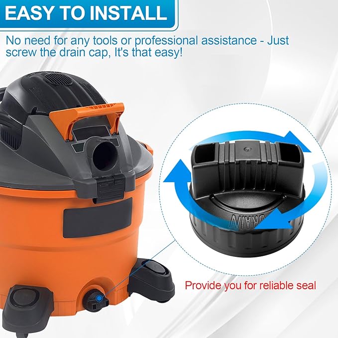 Black threaded drain cap with ridged grip design shown installed on orange and black shop vacuum tank.