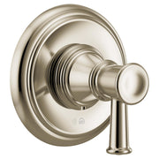 Polished nickel single-handle transfer valve trim with round escutcheon and lever handle.