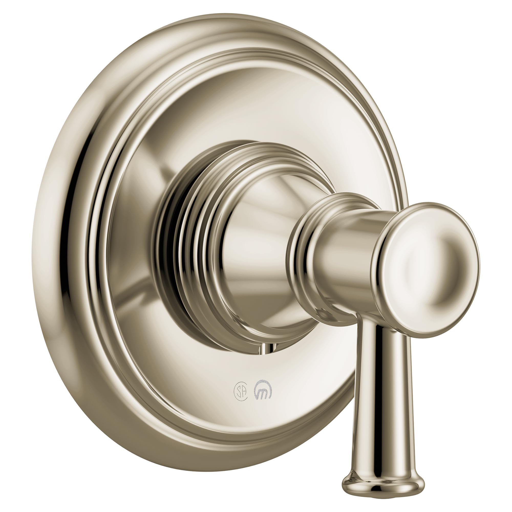 Polished nickel single-handle transfer valve trim with round escutcheon and lever handle.