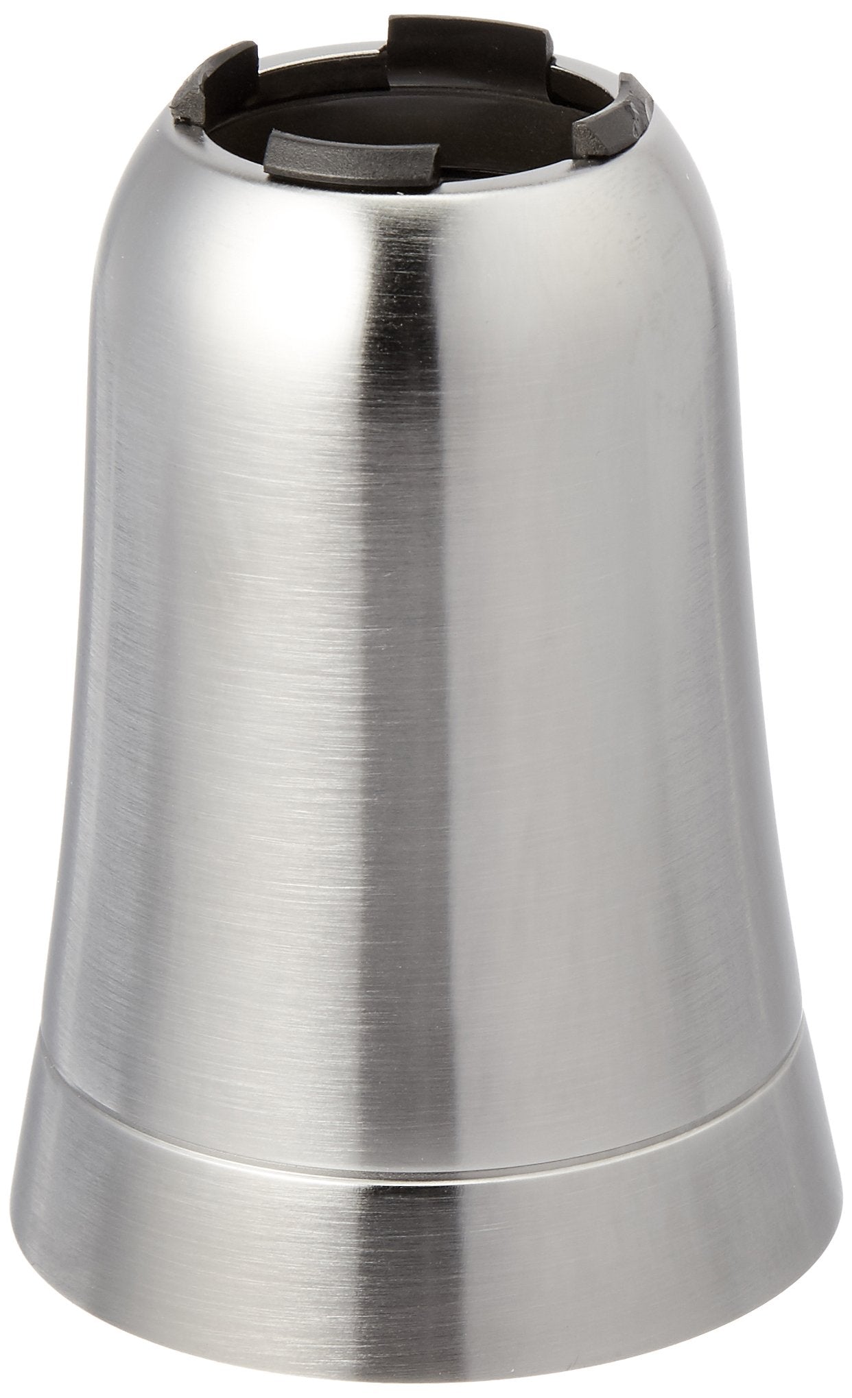 Brushed stainless steel valve sleeve with tapered conical shape and black internal components at top opening.
