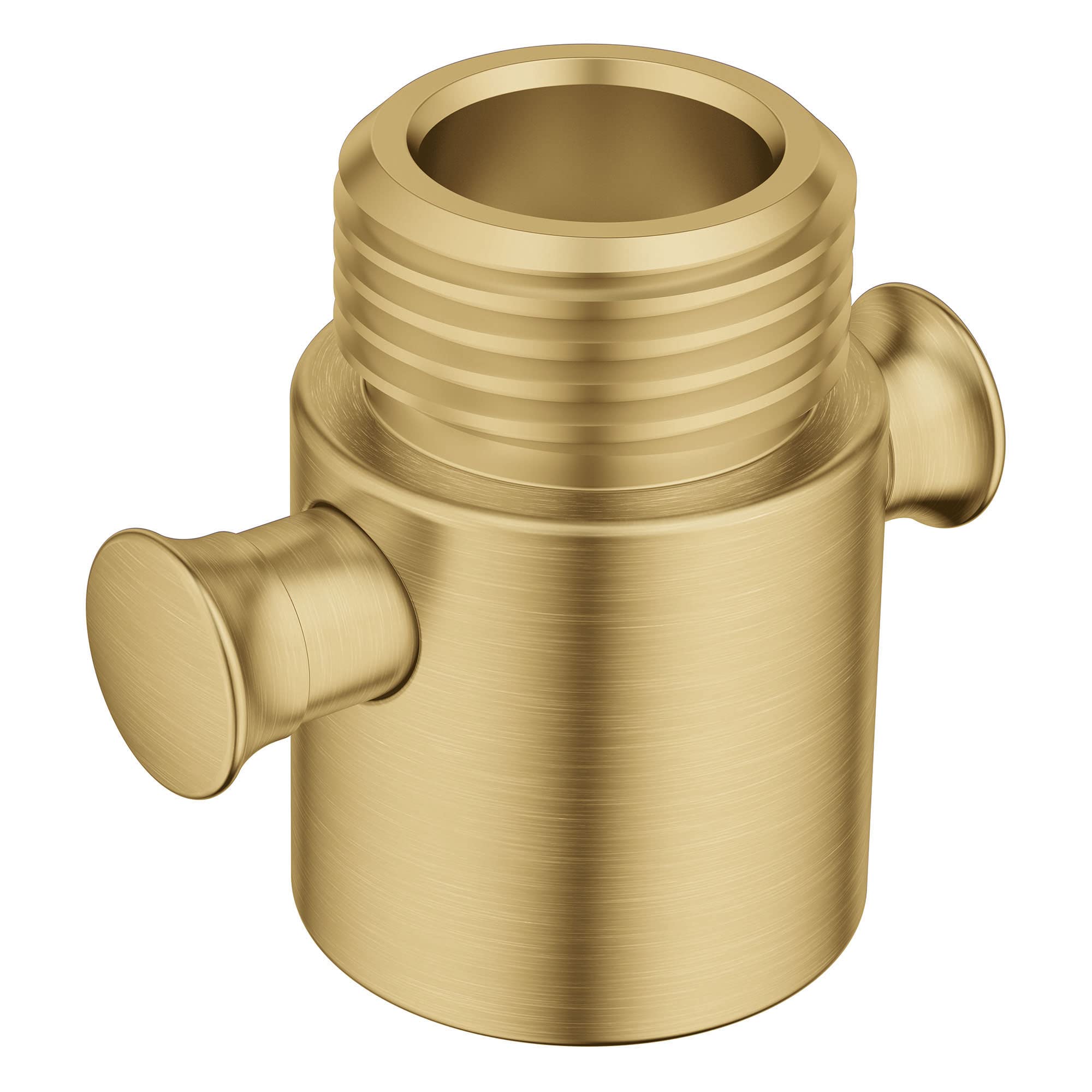Brushed gold volume control valve with threaded top connection and two side ports for shower system installation.