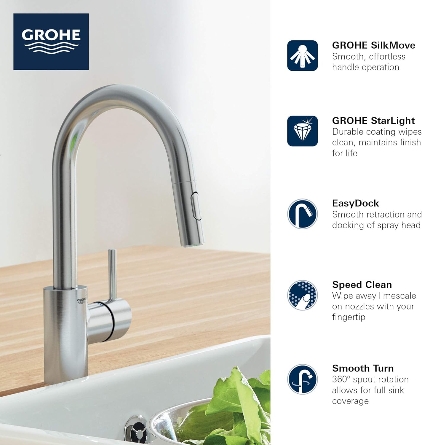 Grohe 32665003 Concetto Single-Handle Pull-Down Kitchen Faucet Dual Spray 1.75 GPM In Starlight Chrome Finish