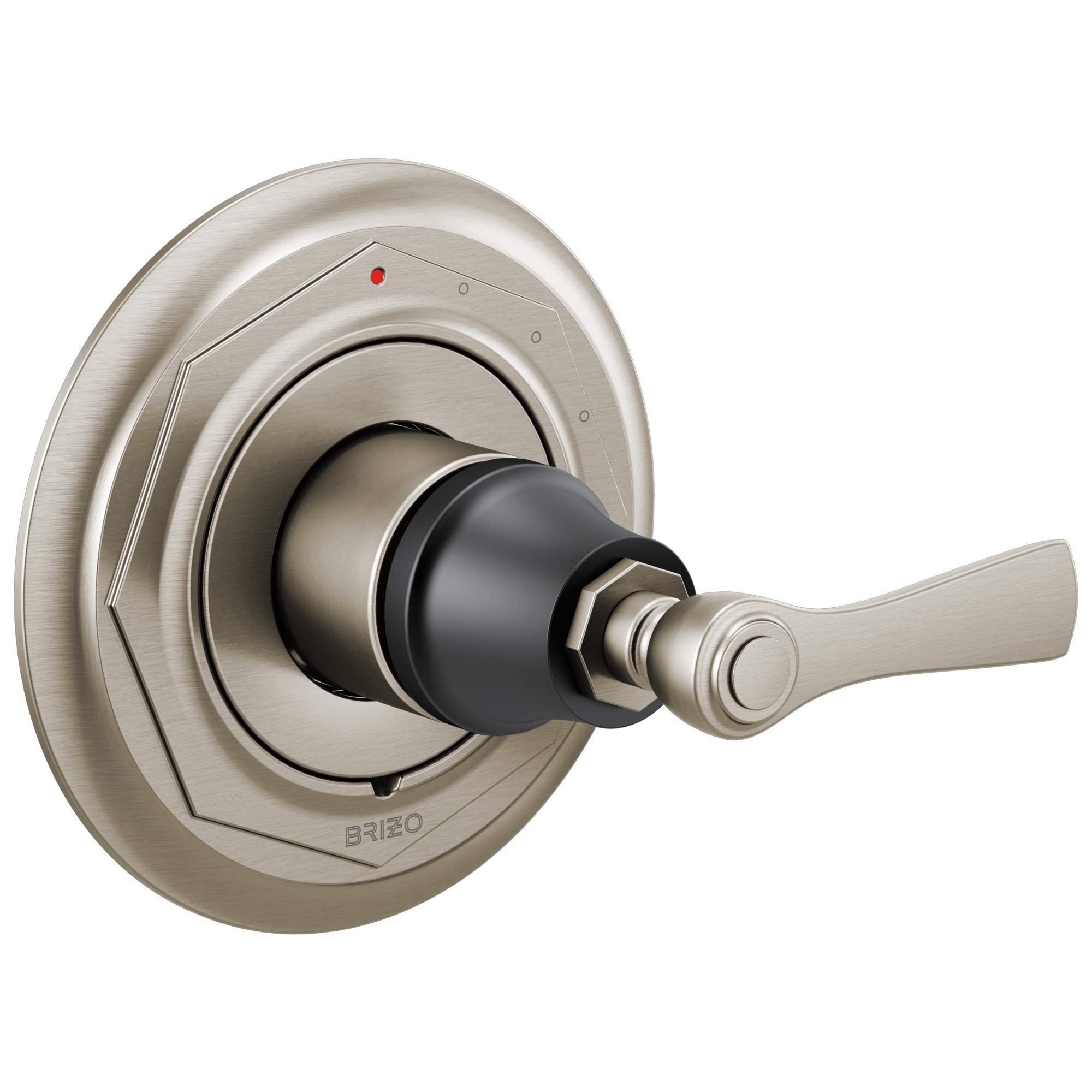 Brushed nickel shower valve trim with single lever handle and round escutcheon plate.