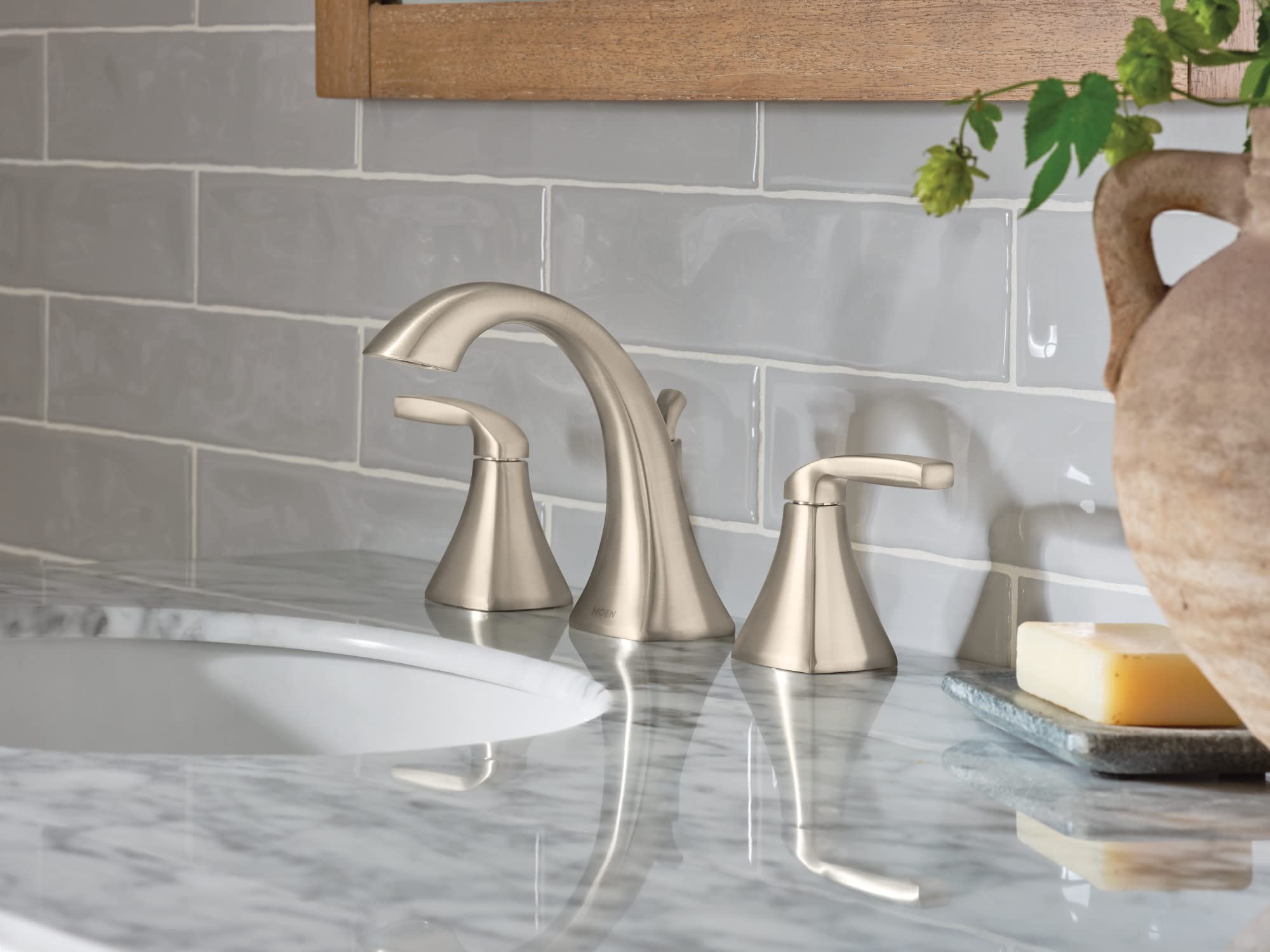 Moen Voss Contemporary Two Handle Widespread Bathroom Sink Faucet Trim Kit for Adjustable 3 Hole Installations in Brushed Nickel - T6905BN