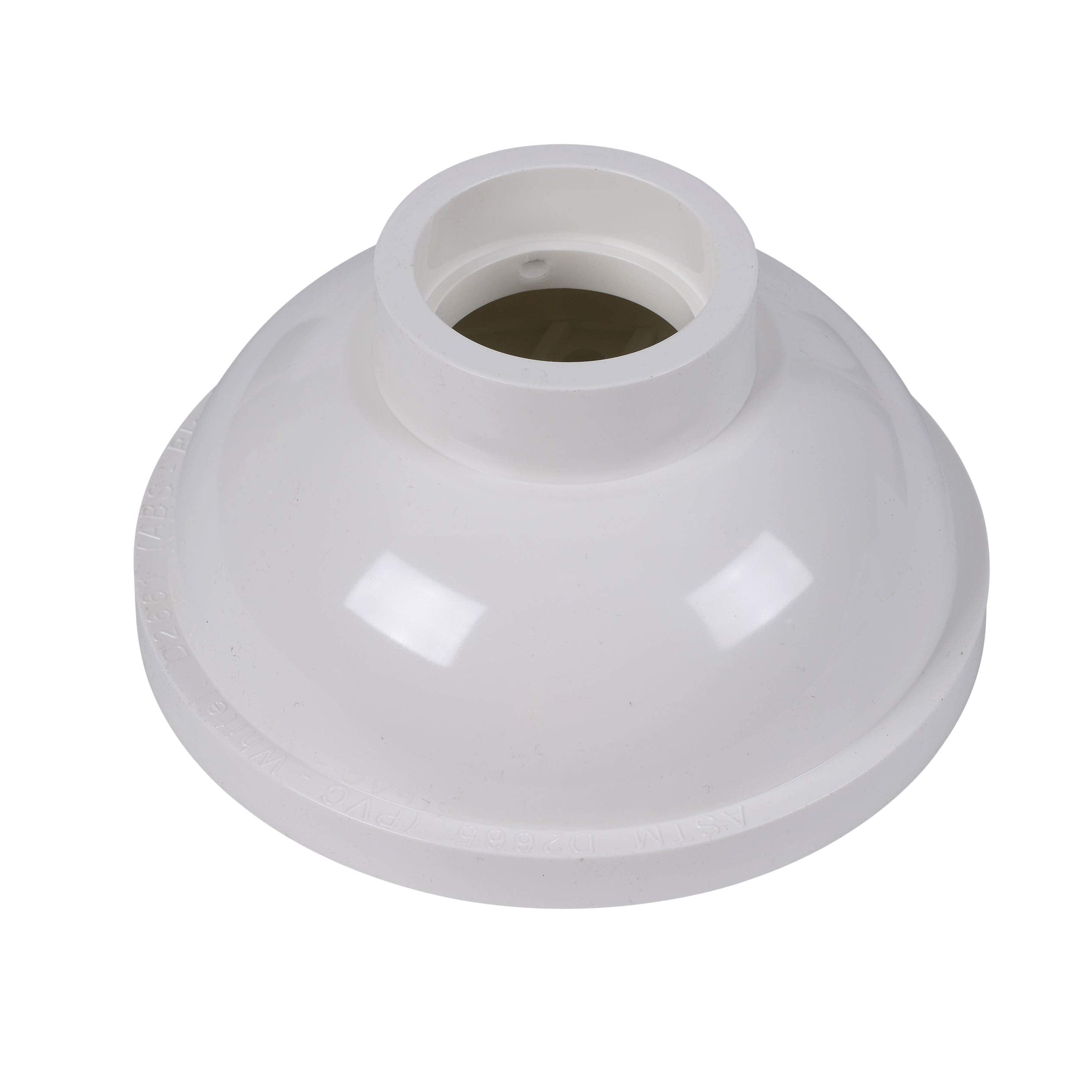White PVC dome-shaped area floor drain with central opening and threaded connector on top.