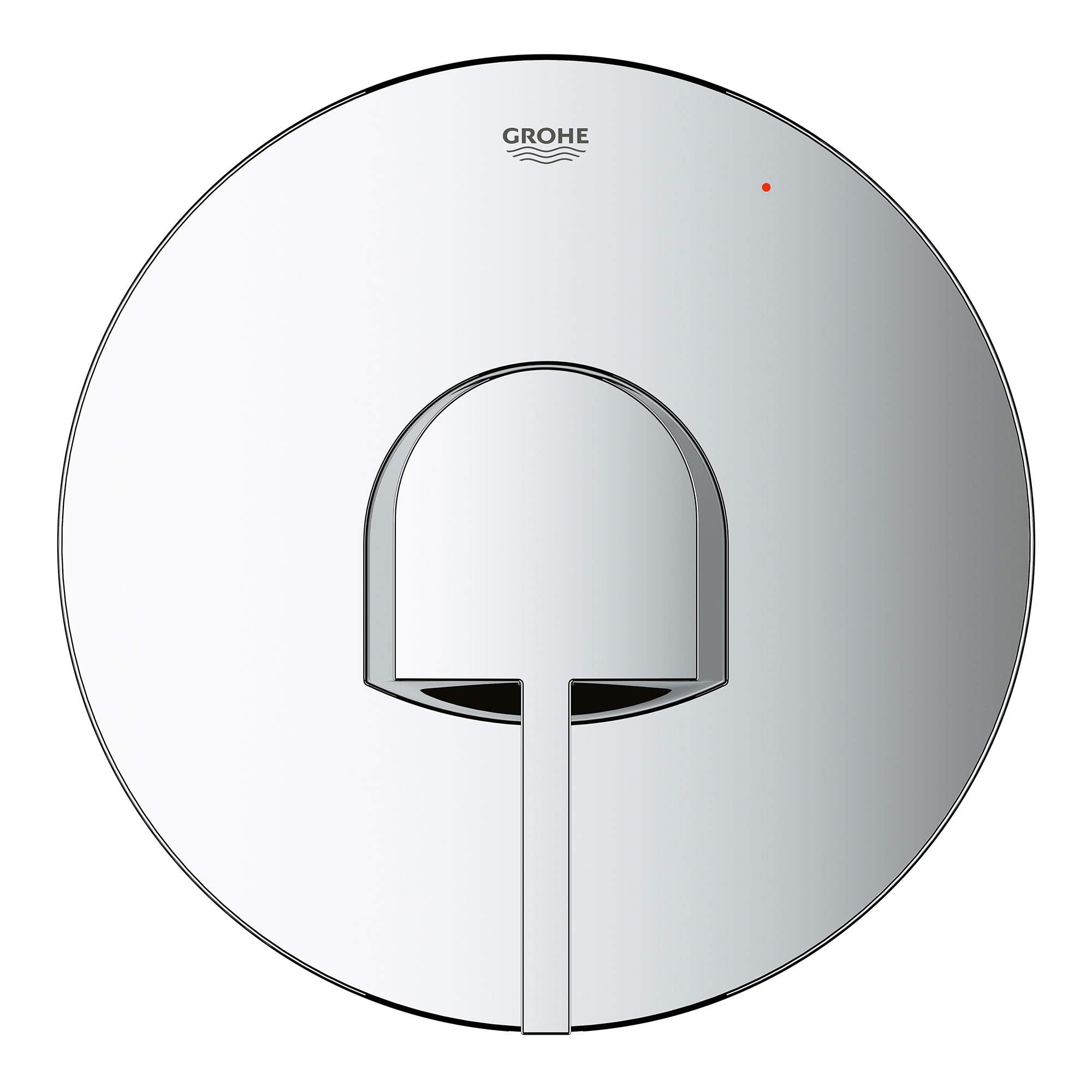 Chrome pressure balance valve trim with single lever handle and Grohe logo on circular escutcheon plate.