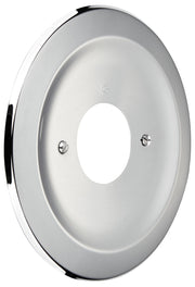 Chrome-finished round escutcheon with central opening and two mounting holes on face.