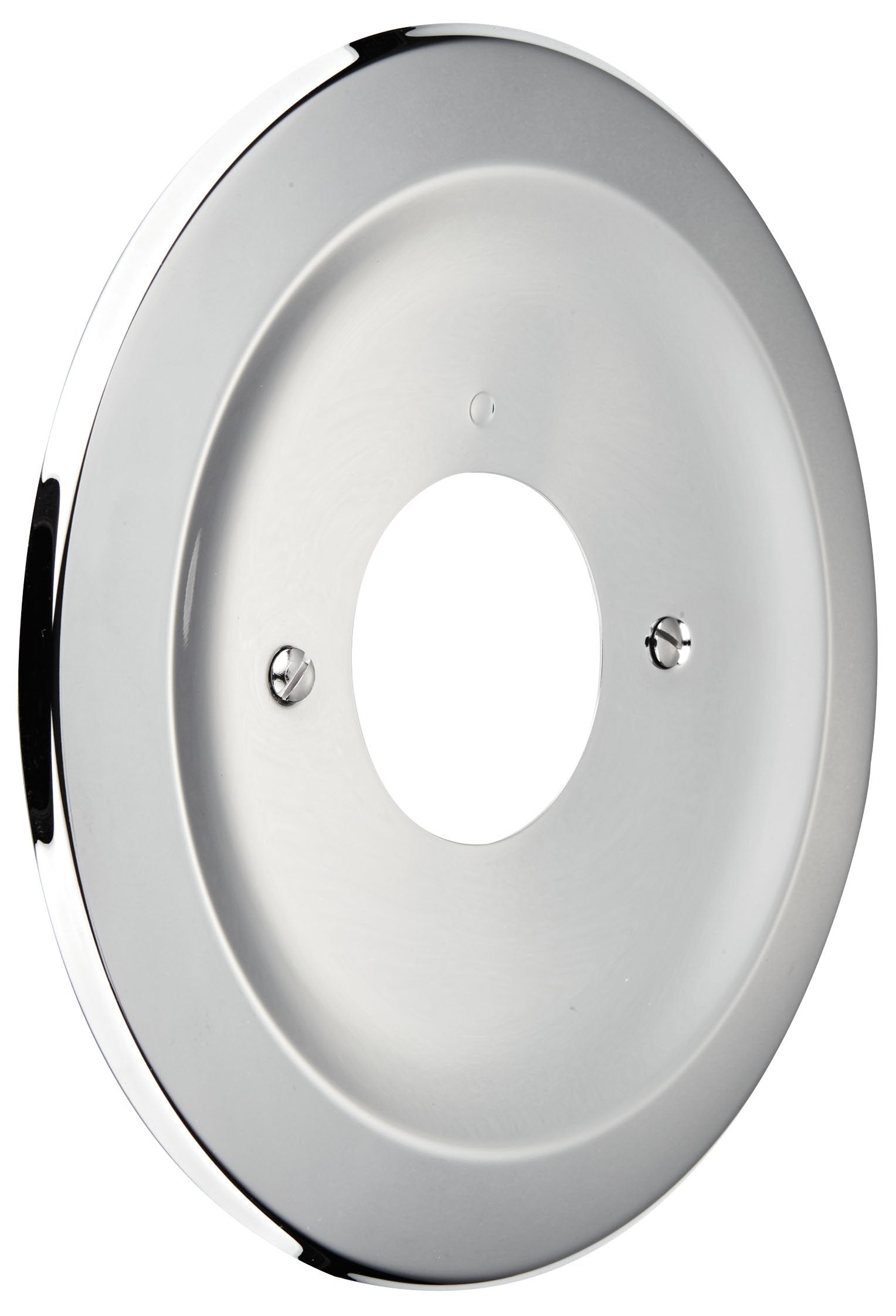Chrome-finished round escutcheon with central opening and two mounting holes on face.