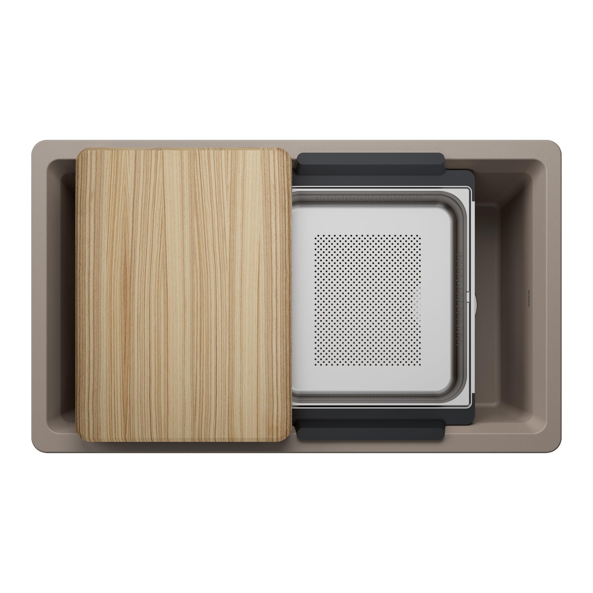 Truffle-colored kitchen sink with wooden cutting board and perforated colander insert, top view.