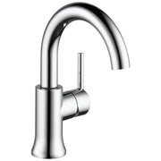 Chrome single-handle bathroom faucet with high curved spout and cylindrical handle.