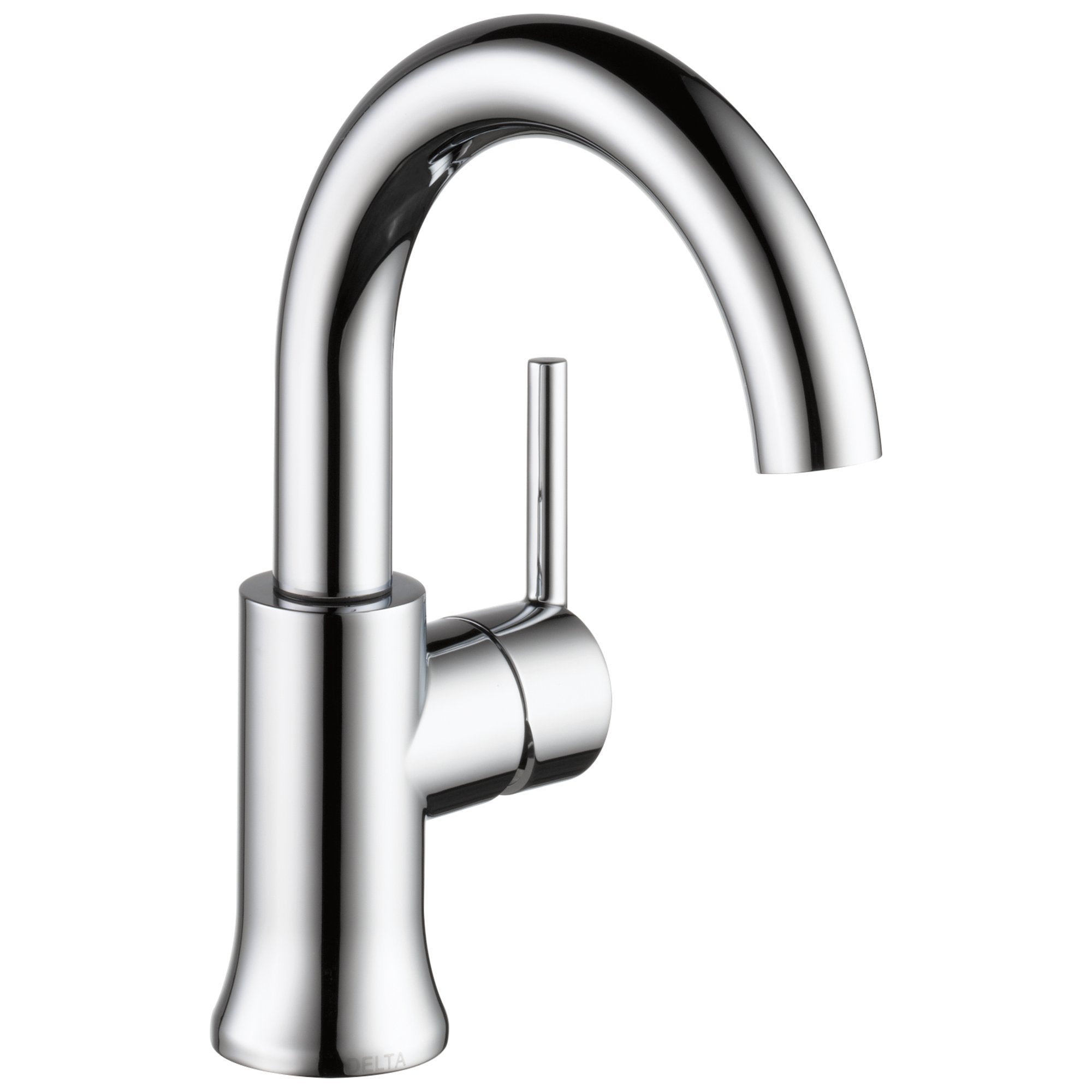 Chrome single-handle bathroom faucet with high curved spout and cylindrical handle.