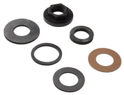 Black and chrome mounting hardware kit containing washers, seals, and a hex nut for faucet installation.