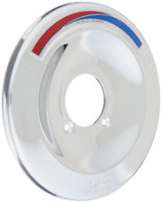 White circular escutcheon plate with central opening, Scald-Guard temperature indicator strip, and two mounting holes.