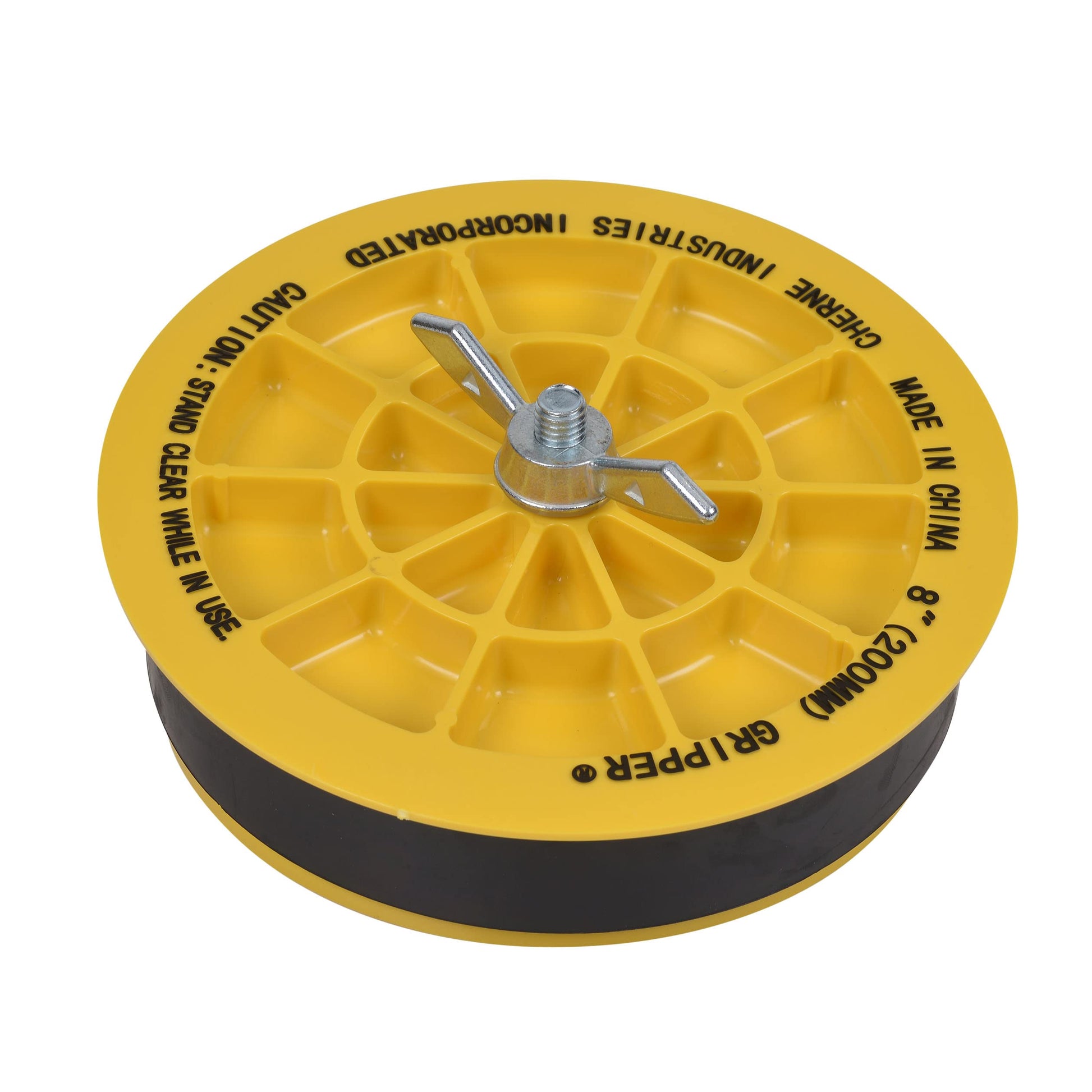 Yellow circular pipe plug with black rubber base and metal gripper mechanism in center.